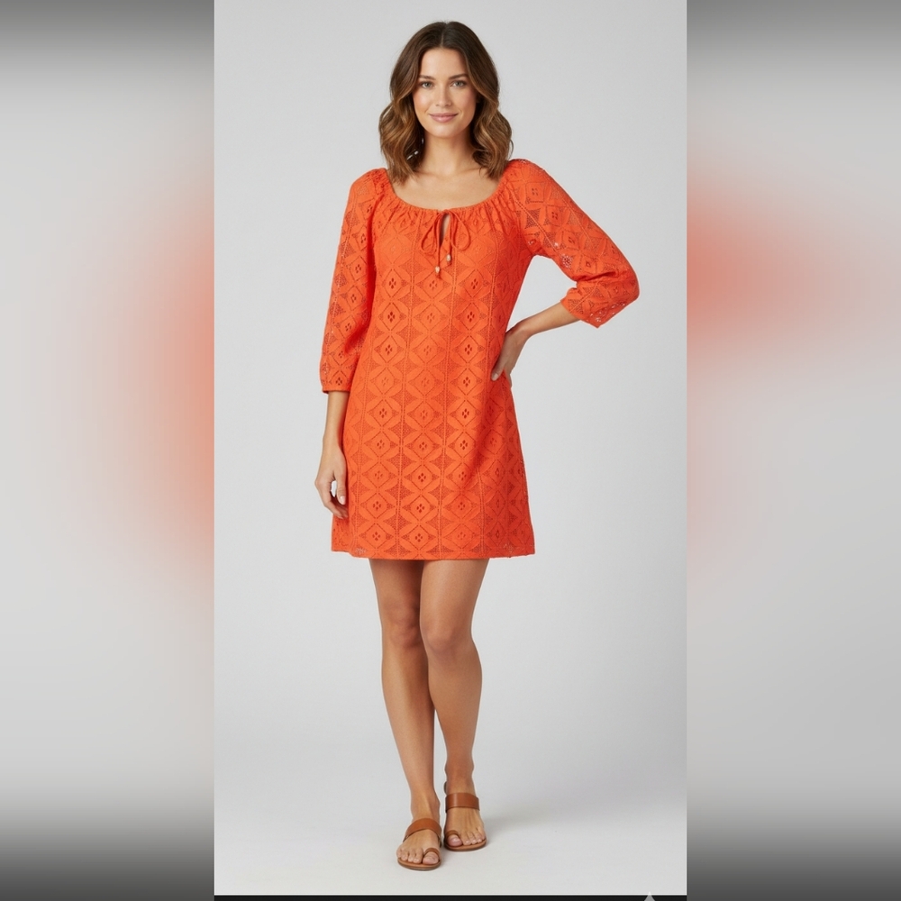 NWT Trina Turk Lace Amplify in Orange Geo Mod Bell Sleeve Shift Dress 0 $368